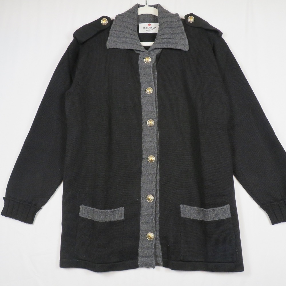 St. Germain des Prés Knit Cardigan Sweater‎ Black Gray Gold Buttons Large